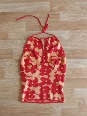 Red and Peach Floral Halter Knit Top